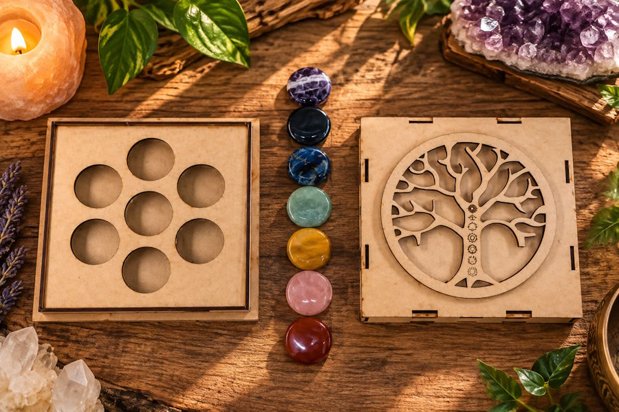 Pack rodados planos chakras con caja madera